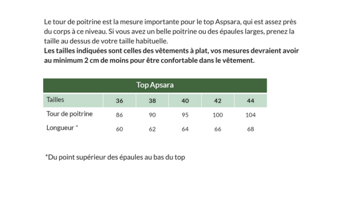 Guide tailles Top Apsara