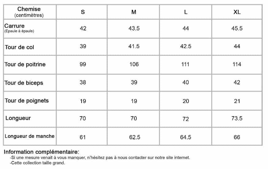 Tableau de tailles mesures Chemise homme