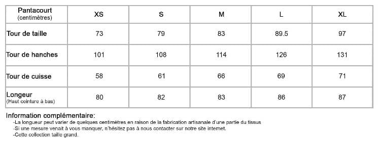 Tableau de tailles mesures Pantacourt femme