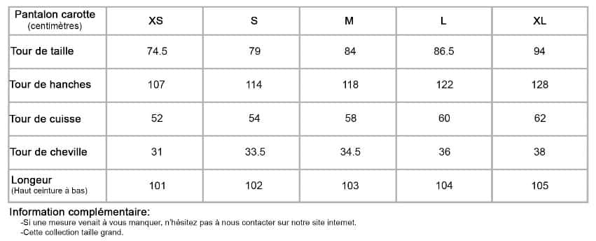 Tableau de tailles mesures Pantalon carotte femme