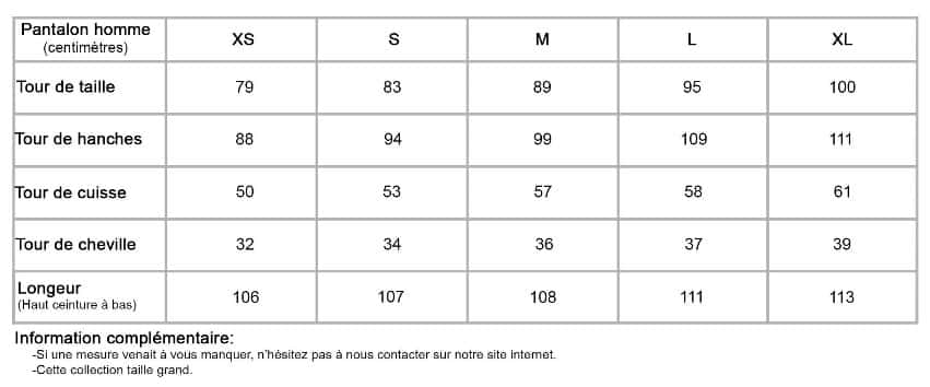 Tableau de tailles mesures Pantalon homme