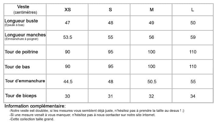 Tableau de tailles mesures Veste femme